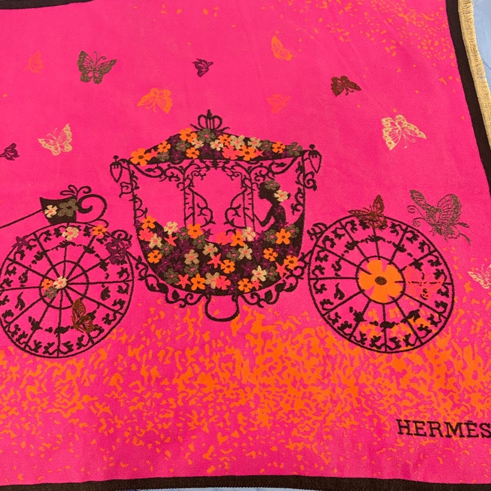 Hermes Reversible Pink Orange Butterfly Carriage Silk Shawl 26 inches by 72 in